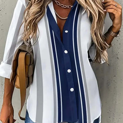 Lapel Digital Printing Cuff Button Women's Long-sleeved Blouse
